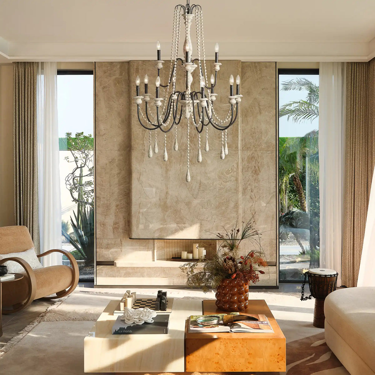 Vivienne Rustic Iron Hand-Painted Wood Bead Chandelier Elegant Lighting