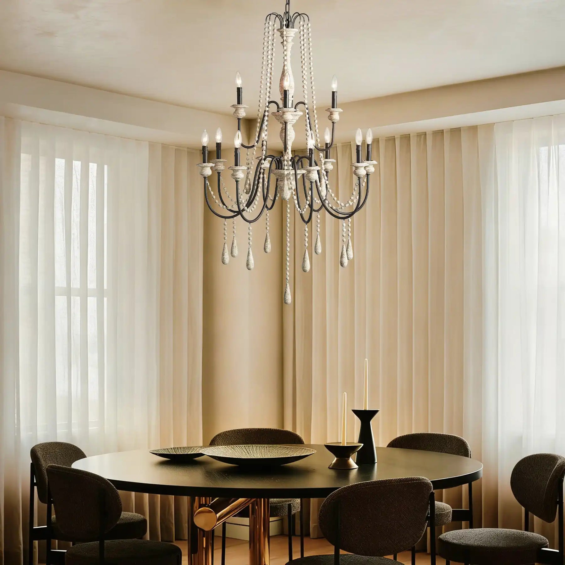 Vivienne Rustic Iron Hand-Painted Wood Bead Chandelier Elegant Lighting