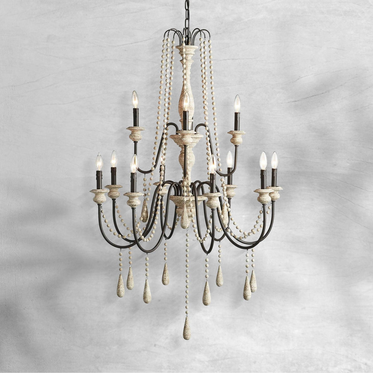 Vivienne Rustic Iron Hand-Painted Wood Bead Chandelier Elegant Lighting