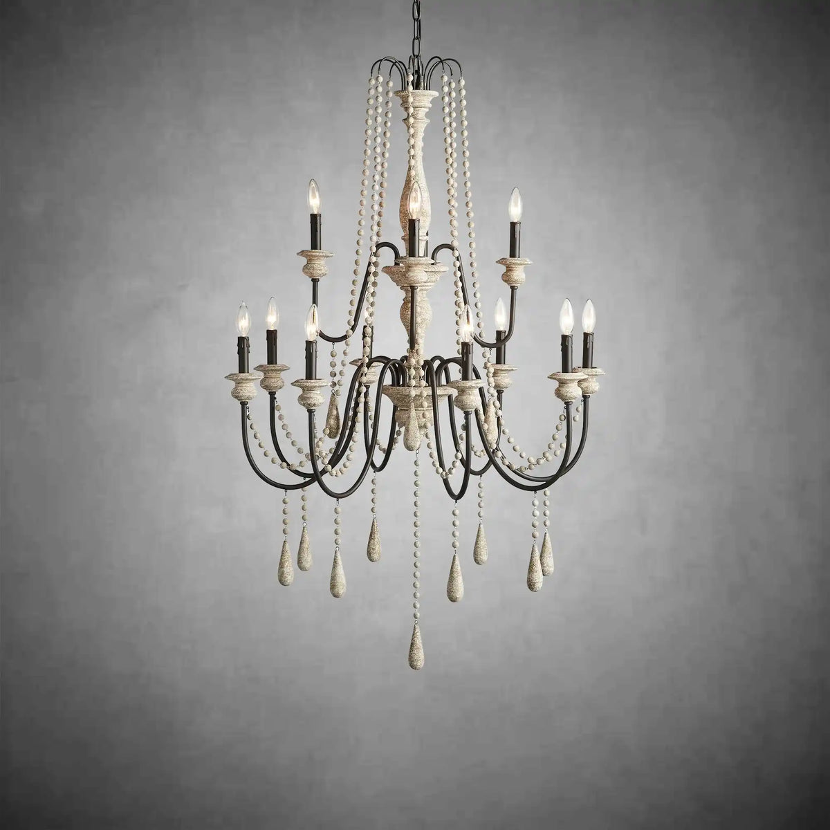 Vivienne Rustic Iron Hand-Painted Wood Bead Chandelier Elegant Lighting