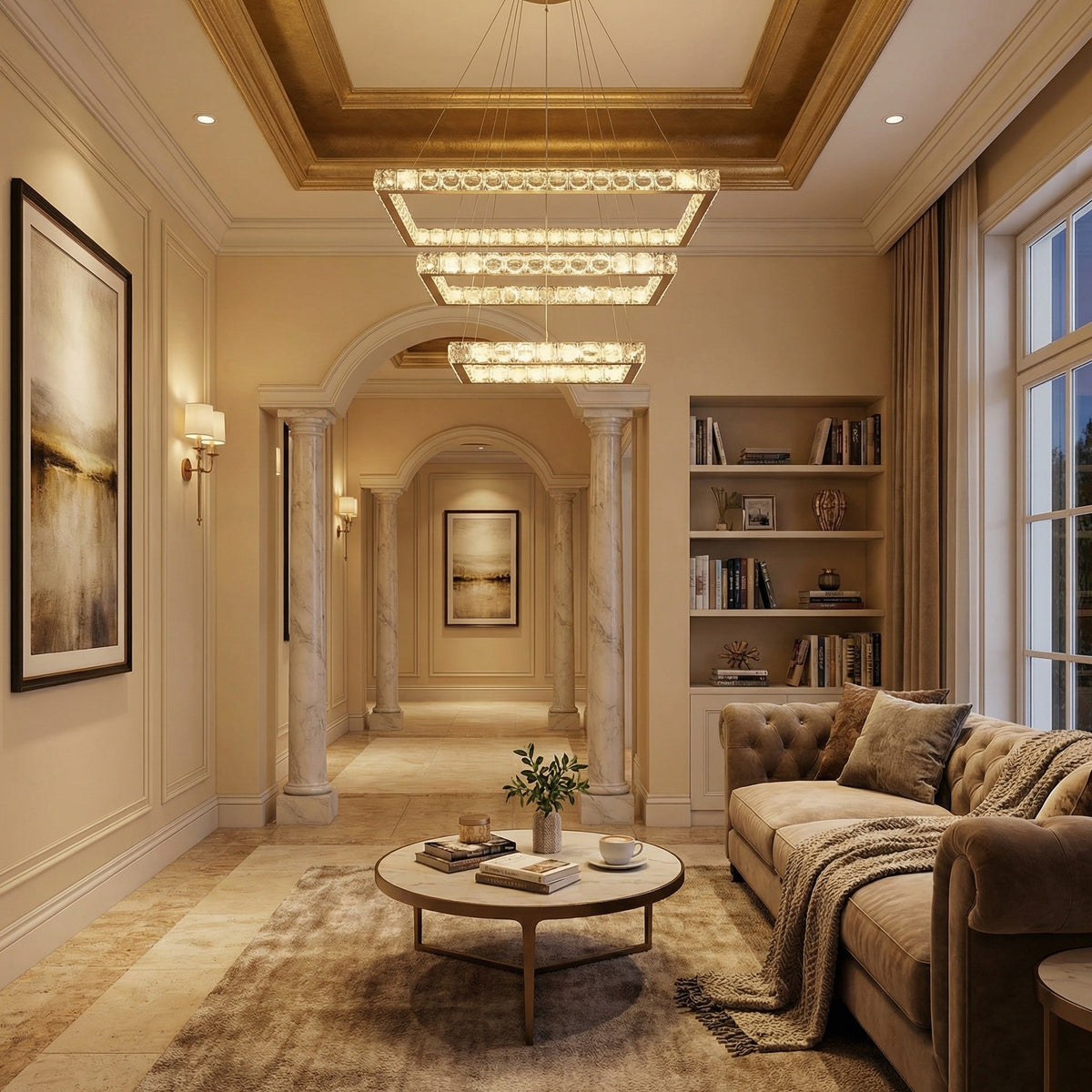 Crystal chandelier in a living room