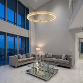 Modern dining room 39 inch crystal & alabaster ring chandelier over wooden table — Yiosi Vera chrome