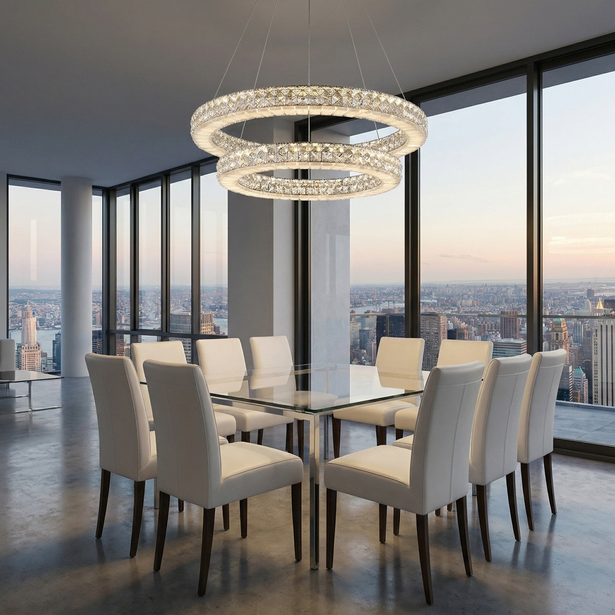 24 inch crystal & alabaster ring pendant in modern bedroom — Yiosi Vera