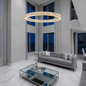 Modern dining room 31 inch crystal & alabaster ring chandelier over table — Yiosi Vera chrome