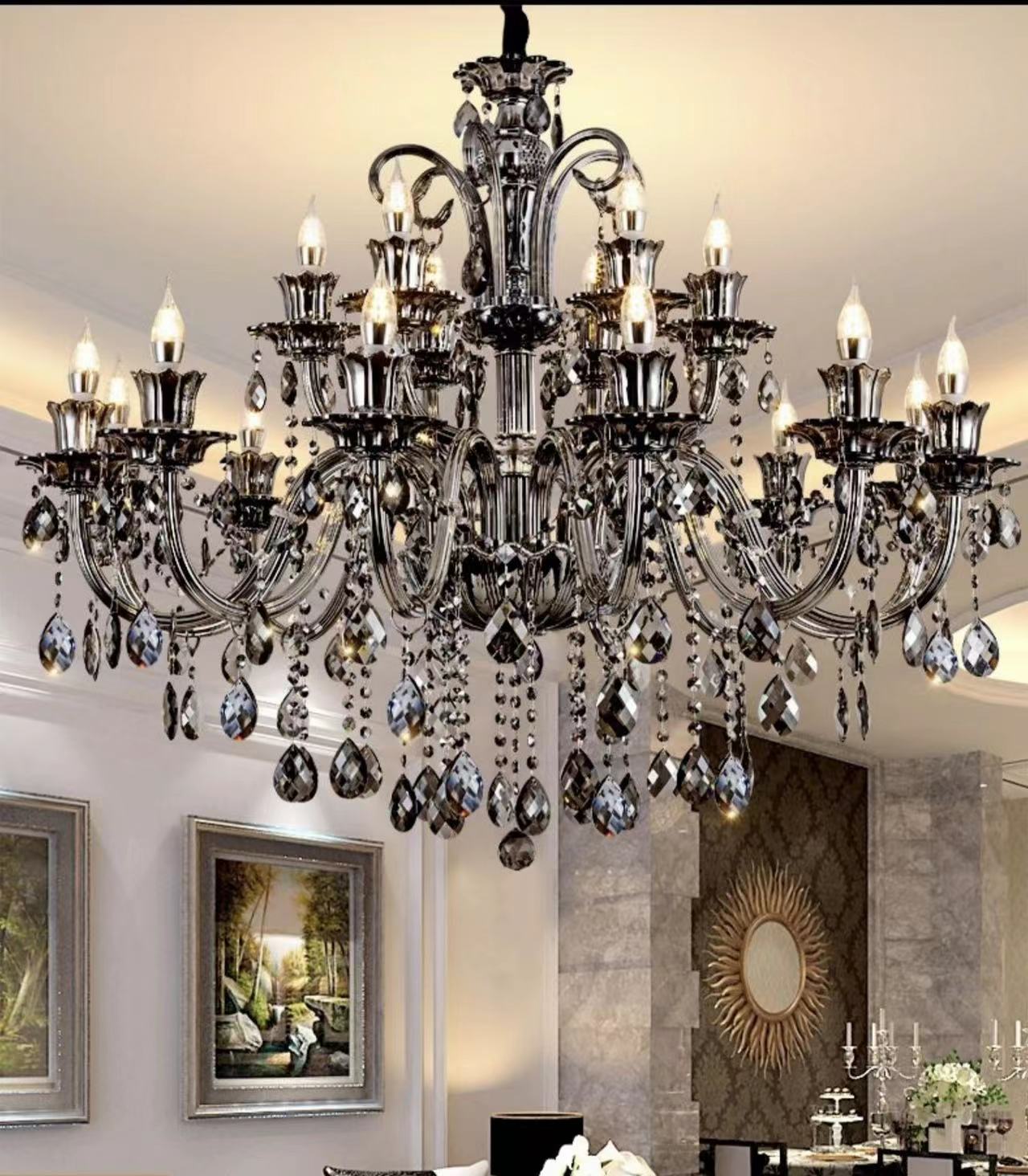 Oversized Modern Vintage Crystal Chandelier With Electronic Candle & Curved Arm & Raindrop Chandelier For Living /Dining Room/ Bedroom