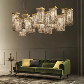 chandelier,chandeliers,rectangular,brass,crystal,kitchen island,dining room,living room,dining room chandelier,crystal fixture light,light luxury