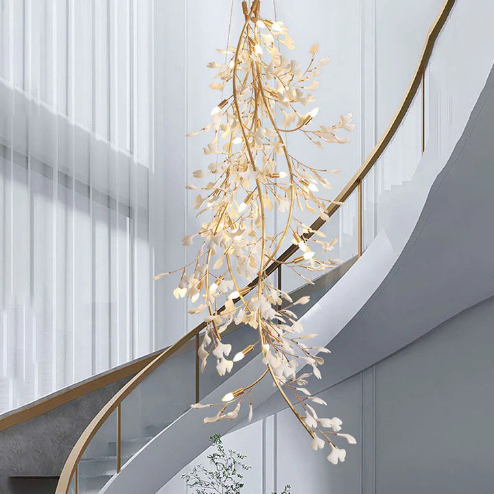 Luxury Ceramic Ginkgo Staircase Long Branch Chandelier