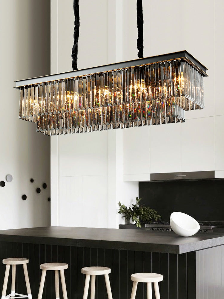 Fashion Kitchen Island Crystal Chandelier In Black/ Smoky Gray Finish Two Tiers Rectangle Chain Pendant Light/ Lamp For Long Dining Table