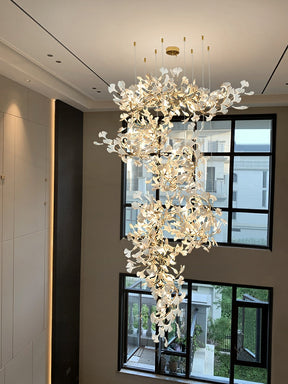 Porcelaneous Gingko Leaves Twig Chandelier Tree Branch Shaped Pendant Light For High Ceiling Living Room Hotel Hall