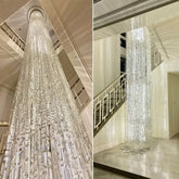 Oversized Silver Crystal Long Ceiling Chandelier Art Designer Column Waterfall Decorative Staircase Light Fixture  fringe chrome finish crystal light 