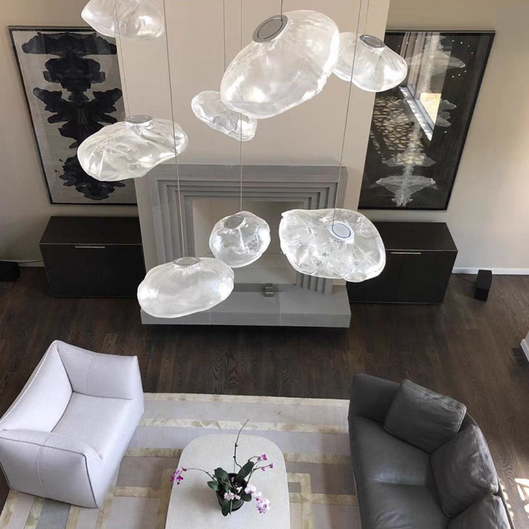 chandelier,chandeliers,pendant,glass,cloud,stainless steel,extra large,large,oversize,big,huge,long table,dining table,big table,dining bar,foyer,two-story foyer,hallway,living room,bedroom,smoke gray,Amber,glaucous
